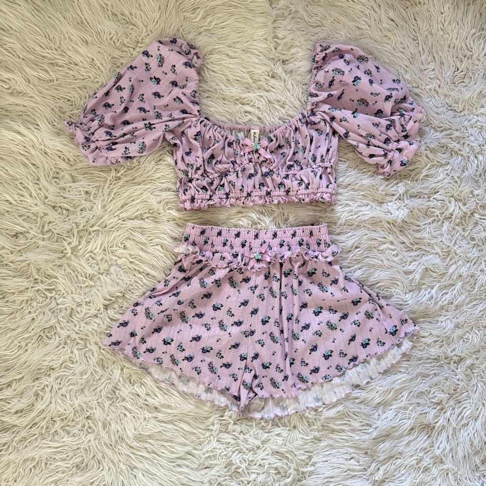 For Love and Lemons Floral Puff Sleeve Crop Top and Shorts Set